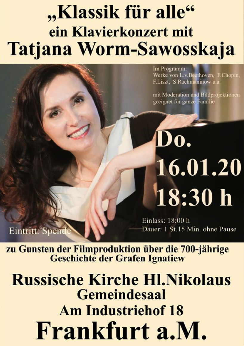 Affiche. Frankfurt am Main. Klassik für alle, ein Klavierkonzert mit Tatjana Worm-Sawosskaja. 2020-01-16